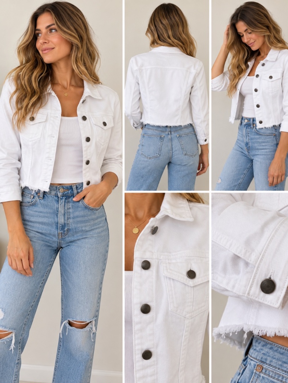 KUT From The Kloth White Cropped Denim Jacket Raw Hem XS